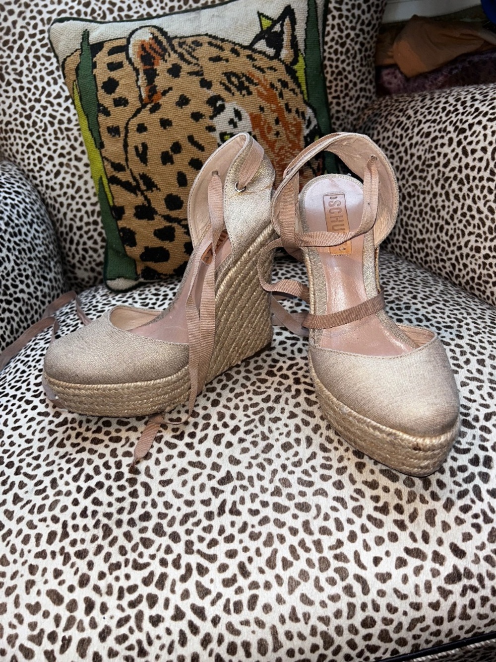 SCHUTZ matte gold metallic high espadrille shoes wrap ties 7